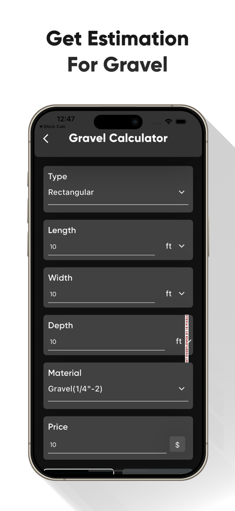 Gravel calculator screen for construction material estimation