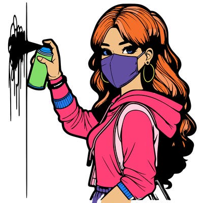 realistic girl with mask spray painting a wall