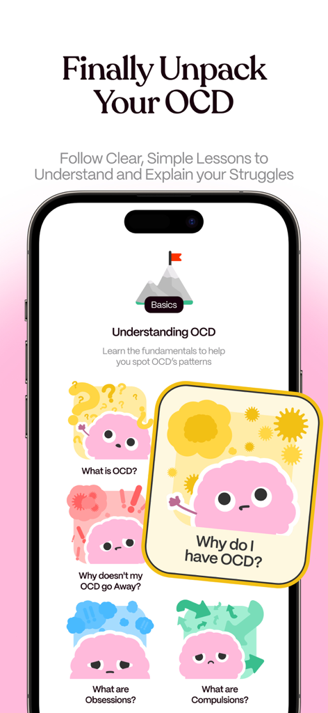 OCD Support App - ObsessLess - ObsessLessアプリの画面。カラフルなイラストでOCDの基本とパターンに関する教育的なレッスンを表示しています。