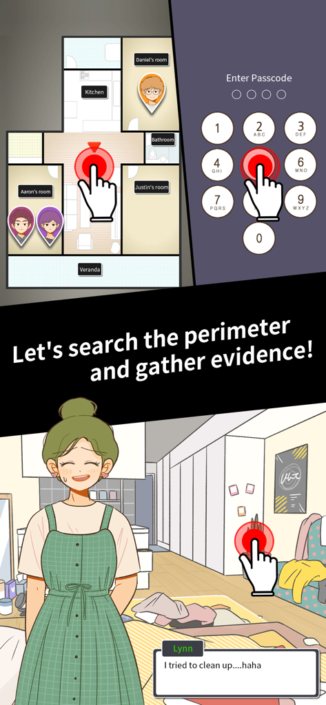 Vanished Anniversary - Captura de pantalla del juego que muestra la exploración de habitaciones, la entrada de contraseñas y el diálogo de personajes en Vanished Anniversary.