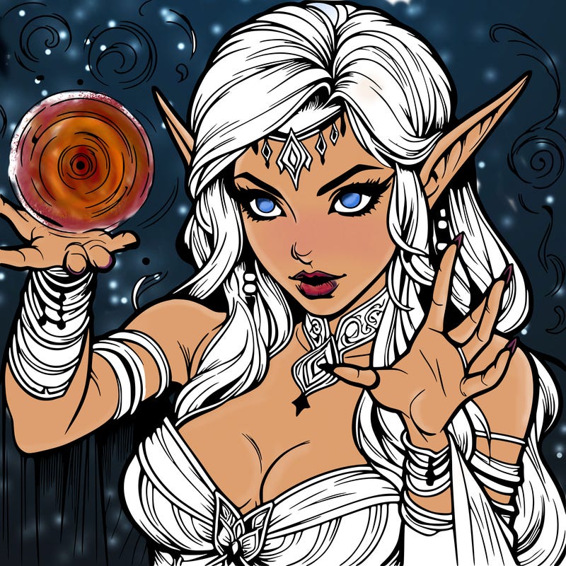 realistic scary beautiful elf sorceress casting spell