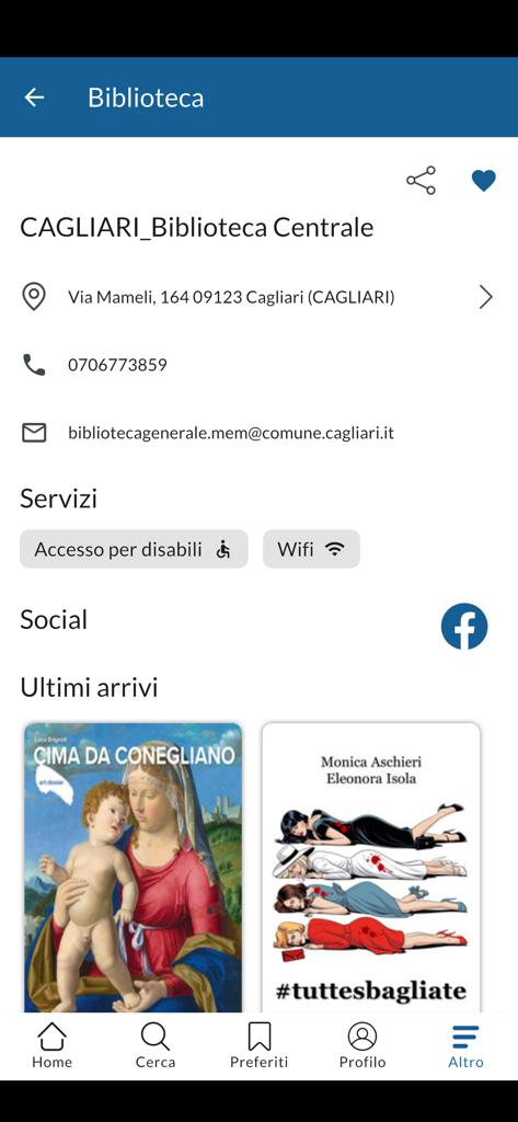 BiblioSar - Screen of BiblioSar app displaying library location information contact details and new book arrivals for the Cagliari Central Library