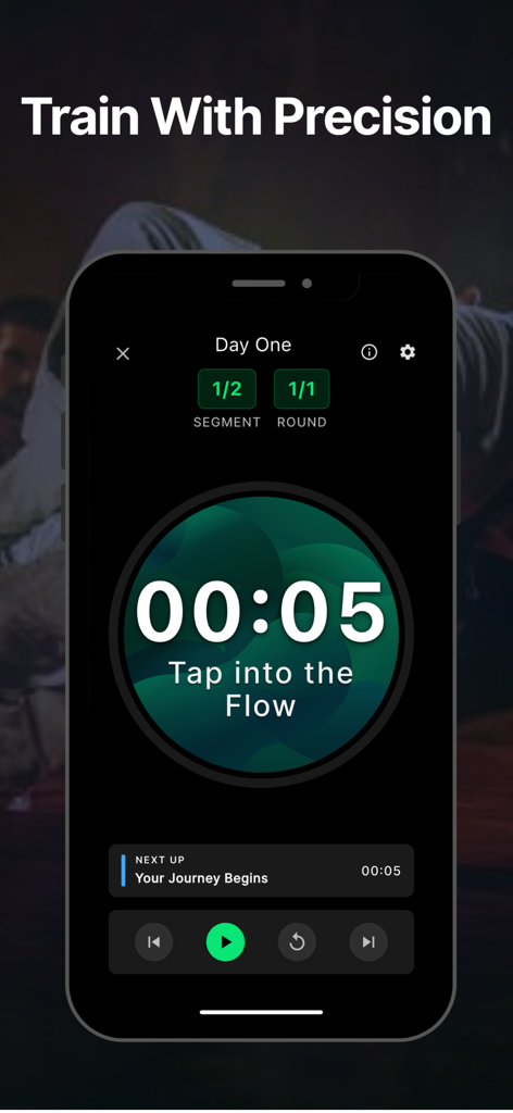 TapFlow: BJJ Timer & Drills - Temporizador de entrenamiento BJJ TapFlow que muestra una cuenta atrás en una interfaz móvil de alto contraste