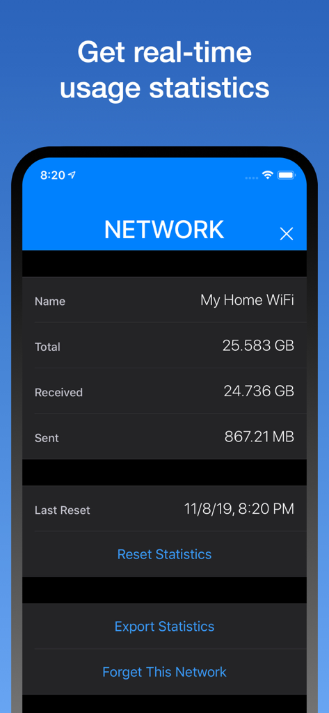 WifiMan from DataMan - 特定のWi-Fiネットワークの合計受信・送信データを含む、リアルタイムのデータ使用統計を表示するWifiManのインターフェース