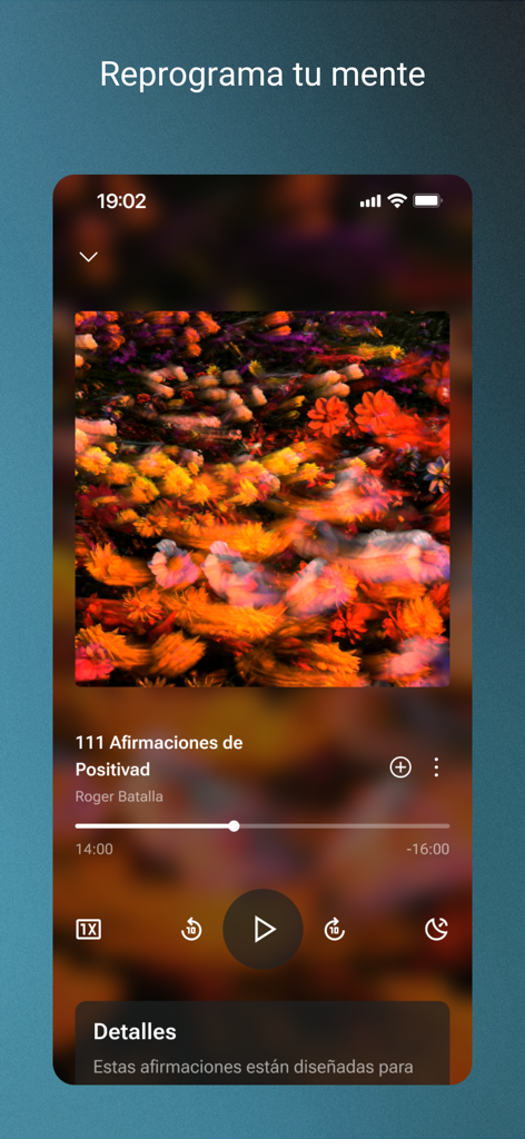 Despertar: Meditación y Dormir - Pantalla de un smartphone mostrando la aplicación de meditación Despertar con un reproductor de afirmaciones de positividad guiadas.