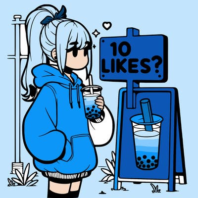 girl with oversized hoodie drinking boba and she has a high ponytail with a sign that says 10likes?