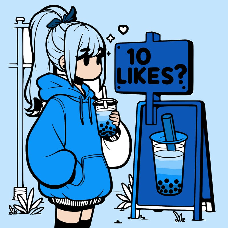 girl with oversized hoodie drinking boba and she has a high ponytail with a sign that says 10likes?