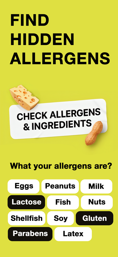 Allergen Test AI - AllerScan - Pantalla de la aplicación móvil para seleccionar alérgenos alimentarios personalizados, incluyendo cacahuetes, leche, gluten y lactosa