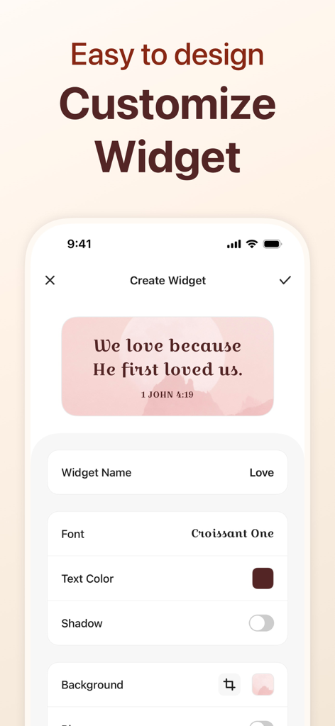 Mobile interface showing customization options for a Bible verse widget in the Zion app.