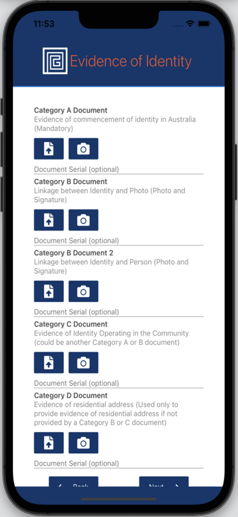 Jellyfish Mobile - Jellyfish Mobile app interface for uploading identity verification documents across multiple categories.
