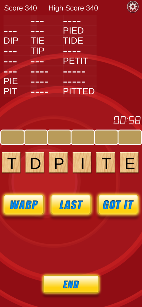 Word Warp - A Word Puzzle Game - Pantalla de juego de Word Warp mostrando fichas de letras de madera y una lista de palabras anagramas resueltas sobre un fondo rojo