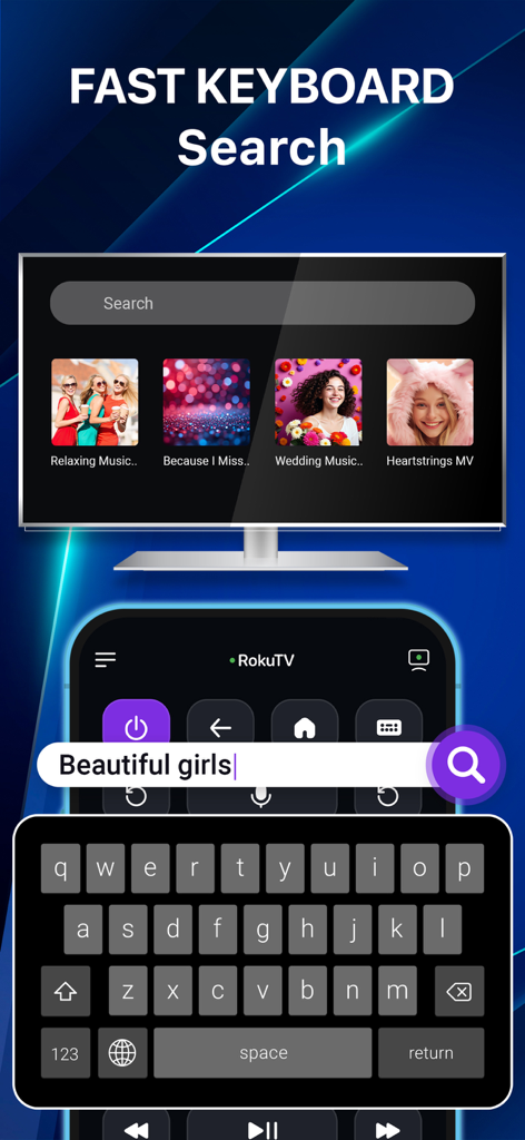 A smartphone keyboard being used to quickly search for content on a smart TV screen through the universal remote app.