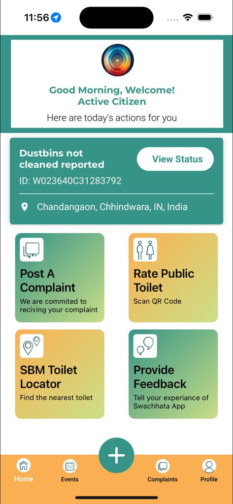 Swachhata-MoHUA - Swachhata-MoHUA mobile app home screen showing a civic complaint dashboard for active citizens with options to report issues and locate public toilets.