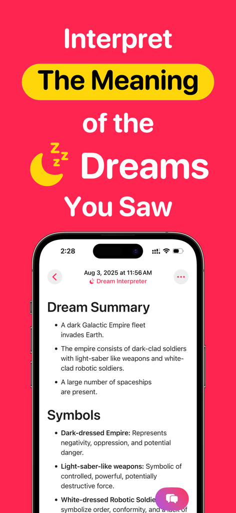 Voice Notes AI Notetaker ZIVO - Interfaz de la aplicación ZIVO que muestra un resumen de sueños generado por IA e interpretación de símbolos.