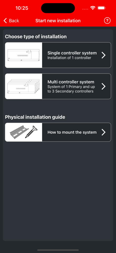 Danfoss Icon2™ - Danfoss Icon2 app installation selection screen for single and multi controller systems