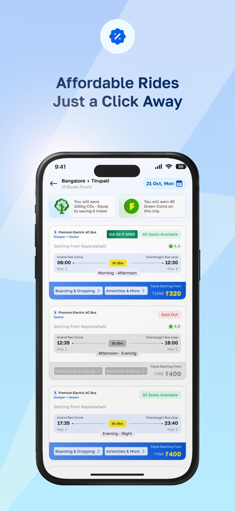 FRESH BUS - Smartphone display showing Fresh Bus app search results for electric buses with prices and eco-friendly stats