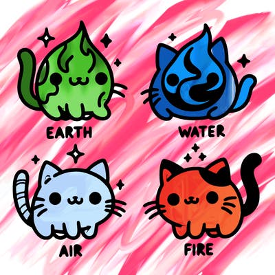4 cats that represent the different elements, earth, water, air, and fire