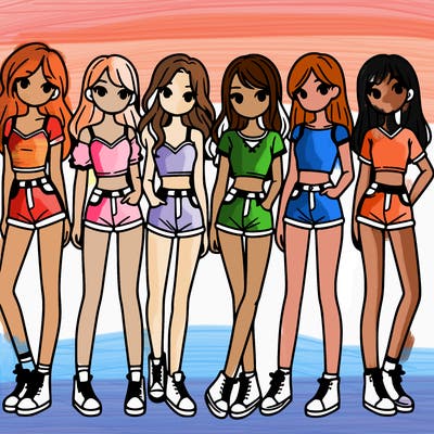a group of girls wearing crop tops and shorts