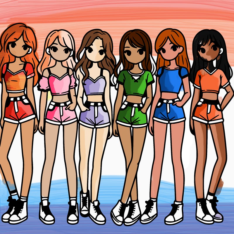 a group of girls wearing crop tops and shorts