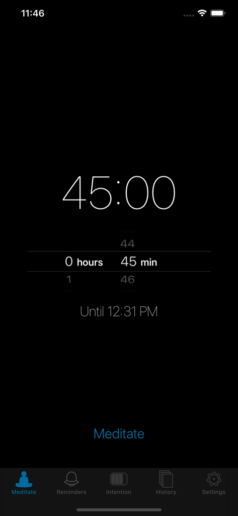 Lotus Bud Meditation Timer - Minimalist dark interface of Lotus Bud app showing a meditation timer set for 45 minutes