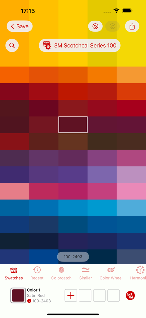 CAL Select 앱 인터페이스, Satin Red 선택된 3M Scotchcal Series 100 접착 필름 색상 샘플 표시