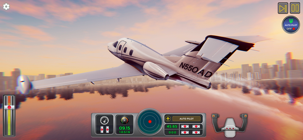 A private jet flying over a city at sunset with a flight control interface