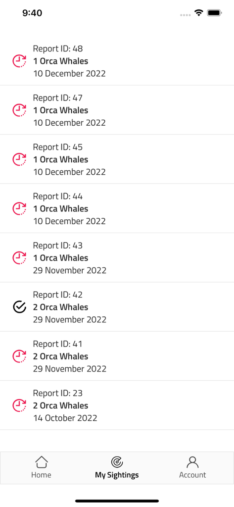 Orcinus - A list of reported orca whale sightings with dates and quantities in the Orcinus app.