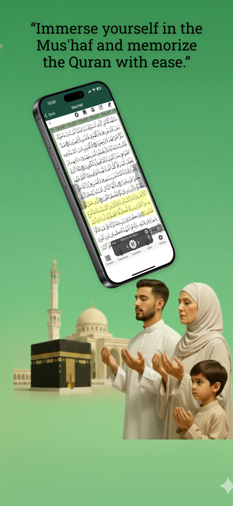 Smartphone showing the Mushaf in the Quran Majeed app with a family in prayer