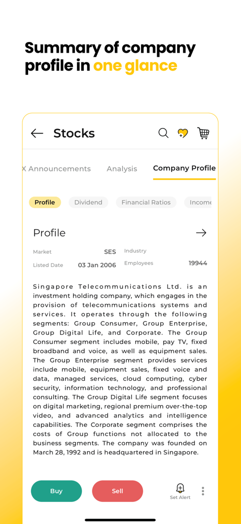 Maybank Trade SG - Mobile app screen showing a detailed company profile and business summary for a listed stock on Maybank Trade SG.