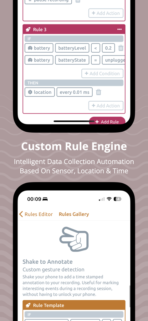 Custom rule engine interface in the Sensor Logger app showing automated data collection logic based on sensor states.