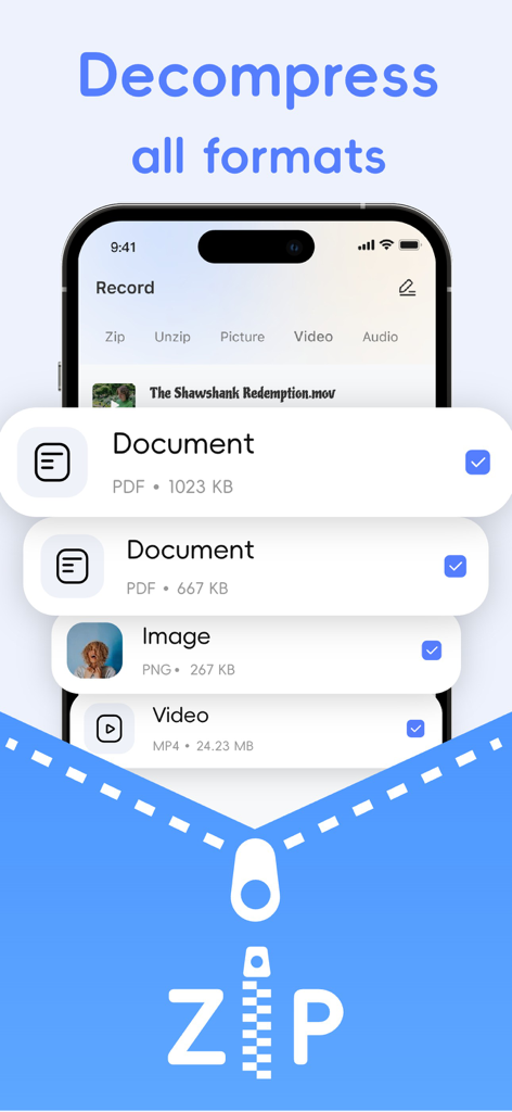 Schermata dello smartphone che mostra uno strumento di decompressione file con immagini PDF e file video