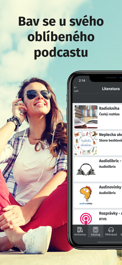 Audiolibrix - Audioknihy - A woman enjoying a Czech podcast on the Audiolibrix app interface