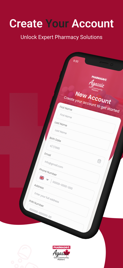 Pharmasave Agassiz - Registration screen for the Pharmasave Agassiz mobile app featuring a create account form
