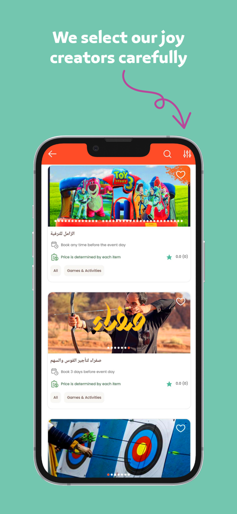 Wnees mobile app screen displaying curated event services like bounce houses and archery activities
