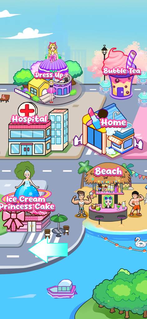 DIY Paper Doll: Sweet Dress Up - Mapa de ciudad de dibujos animados coloridos con ubicaciones de disfraces y minijuegos