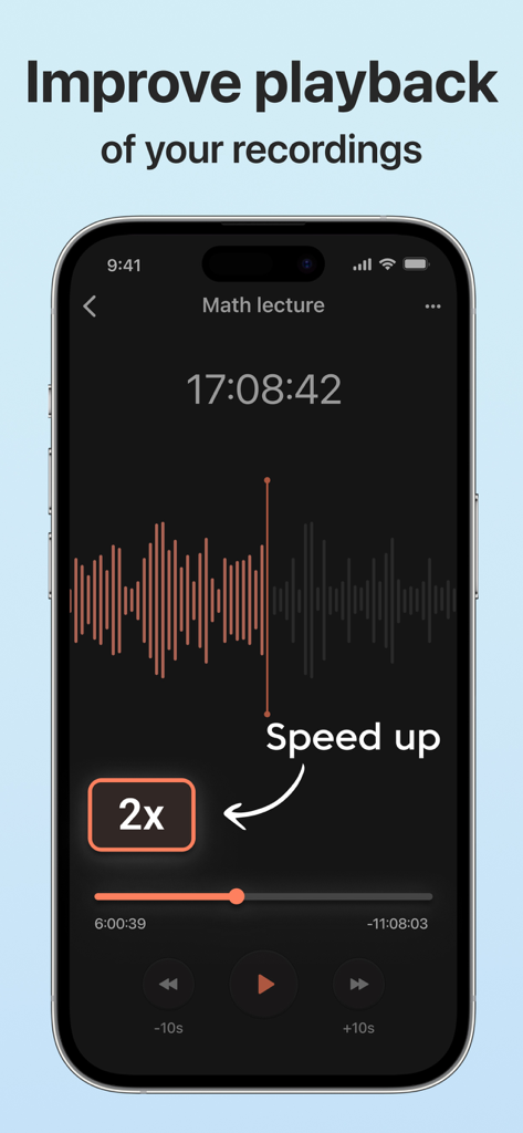 Voice Recorder - Dictaphone - Smartphone screen showing the Voice Recorder app with 2x playback speed enabled for a lecture recording