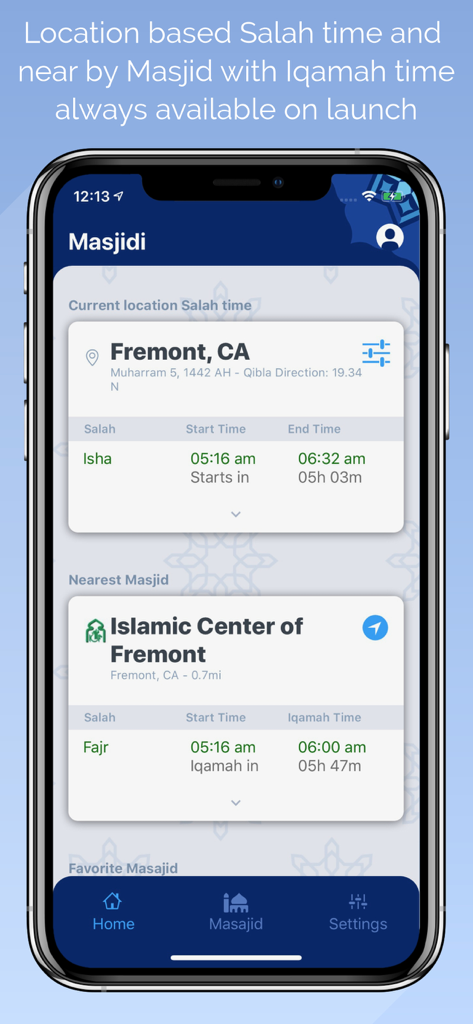 Masjidi-Salah and Iqamah times - Masjidi app interface displaying local Salah times and nearest mosque Iqamah times