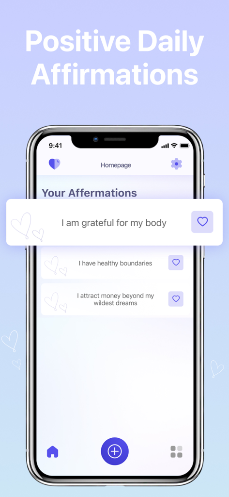 A smartphone screen displaying the positive daily affirmations app with motivational quotes and a clean purple theme