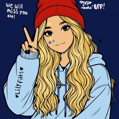 a teenage girl in a beanie, oversized sweatshirt, wavy long hair, and is showing a ✌️