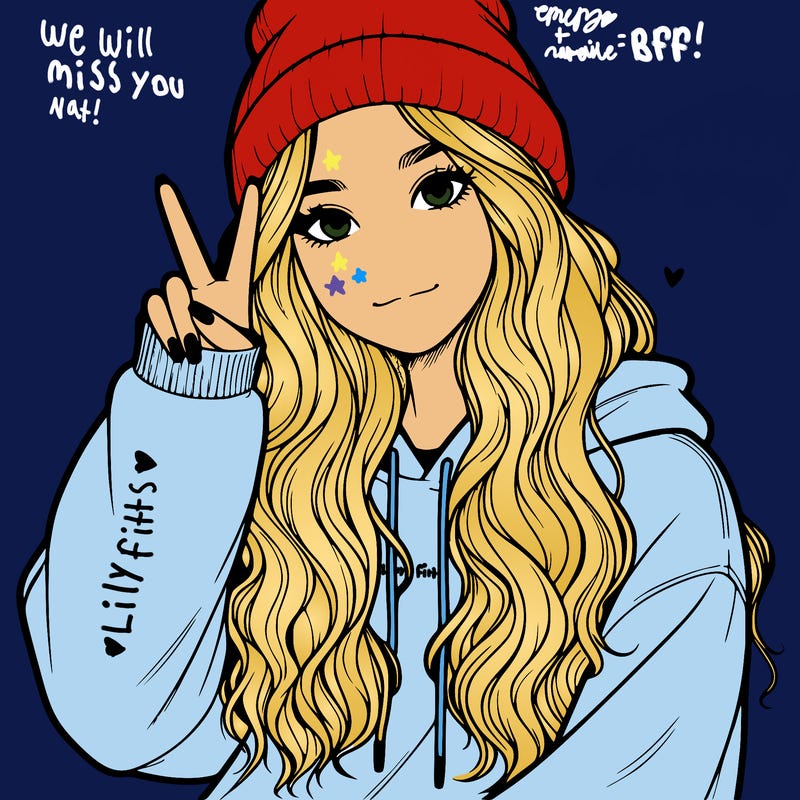 a teenage girl in a beanie, oversized sweatshirt, wavy long hair, and is showing a ✌️