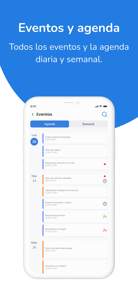 Colegium Families - Interface de l'application Colegium Families montrant un agenda et un calendrier détaillés des événements scolaires