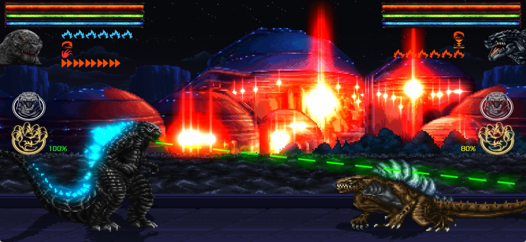 Godzilla: Omniverse - Una schermata di gioco di combattimento in pixel art 2D di Godzilla: Omniverse che mostra Godzilla mentre usa un raggio di energia blu contro un altro mostro in un ambiente urbano notturno con esplosioni rosse.