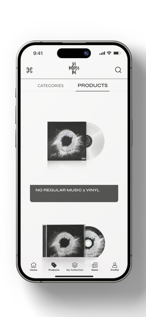 No Regular Music - Página de productos de la aplicación NRM mostrando un disco de vinilo y un CD de No Regular Music 2