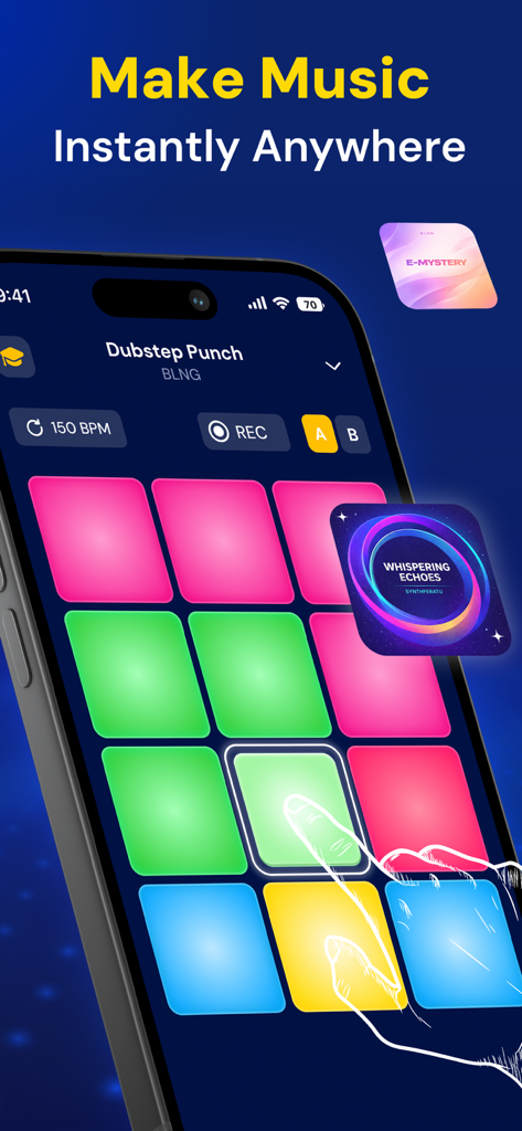 Drum Pad: Learn Beat Maker Kit - Una pantalla de smartphone mostrando una colorida cuadrícula de pads de batería para crear ritmos musicales