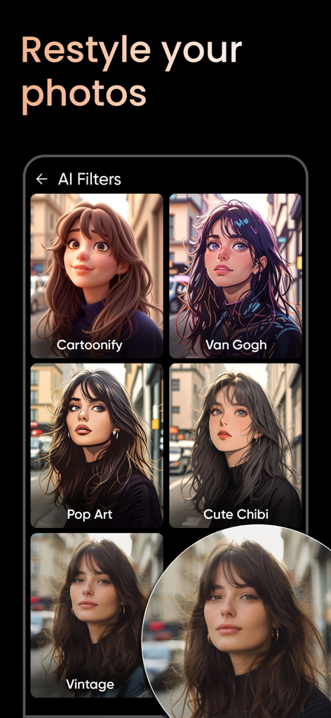 PhotoTune: AI Photo Enhancer - Interfaz de la aplicación que muestra filtros artísticos de IA como Cartoonify y Pop Art aplicados a un retrato