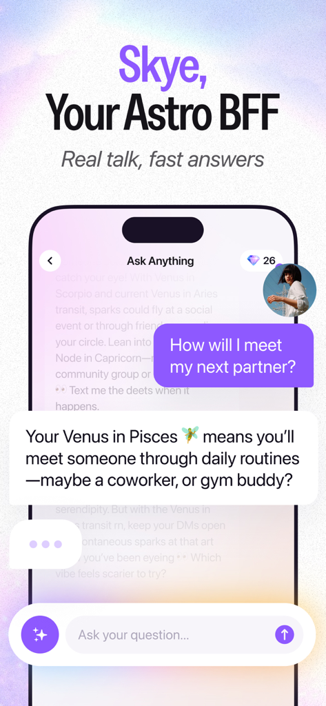 AstroClub app chat interface where the AI astrology assistant Skye provides a personalized reading about relationships.
