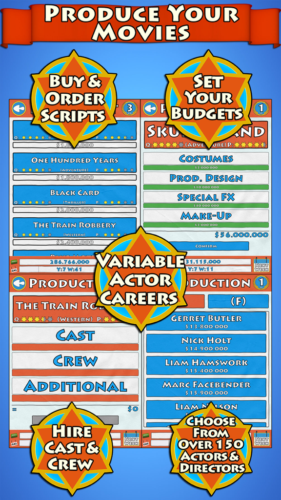 Screenshot of Hollywood Studios Tycoon Game showing movie production management features including script buying budget settings and actor hiring