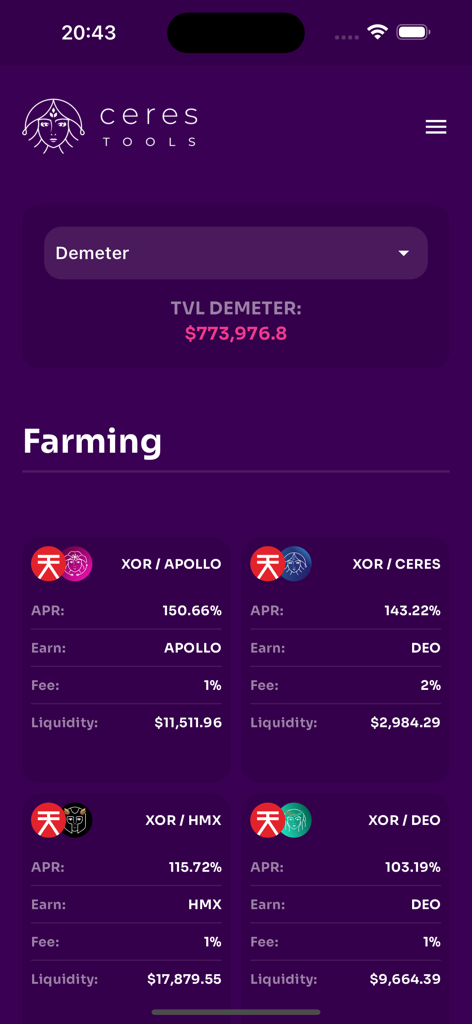 Ceres Tools - Tela de farming do aplicativo móvel Ceres Tools mostrando dados de APR e liquidez para vários pares de criptomoedas
