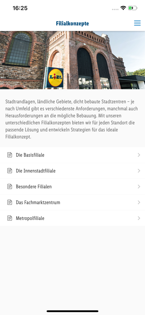 Screenshot of the We Are Lidl app displaying various store branch concepts and types
