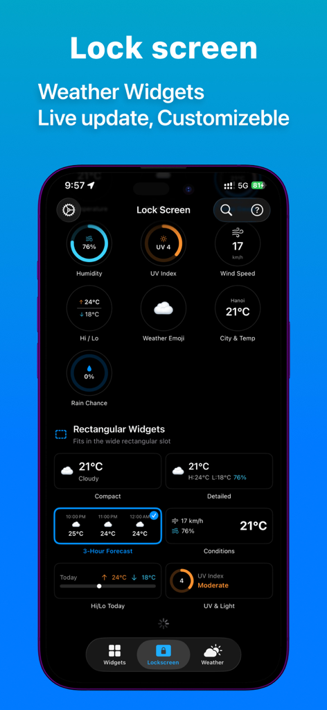 Un menú que muestra varios widgets personalizables circulares y rectangulares del clima para la pantalla de bloqueo del iPhone.
